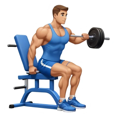 side-view bodybuilder in blue shorts seated weighted calf-raise machine on his tip toes sticker