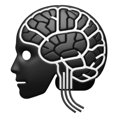 Futuristic AI brain emoji, simplified brain silhouette, metallic black and white, glowing neural lines inside, flat vector design, minimal clean style

 sticker