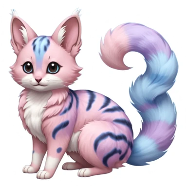 cotton-candy mist pink-blue-lilac fur whipped into cloud-soft spirals realistic fur with random dark markings beautiful elegant pretty precious cute  Fakémon-Pokémon-opossum-feline-serval-caracal-chinchilla-Furret-Minccino-hybrid-creature with a big fluffy bushy tail (full body) sticker