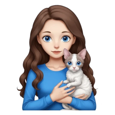 beautiful skinny girl with long brown hair and blue eyes in dark long sleeve is holding a devon rex white cat with blue eyes. the colors of cat’s and girl’s eyes are the same.  sticker