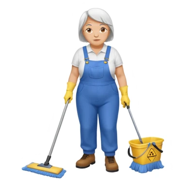 old and fat women, Custodian with yellow rubber gloves, white T-shirt, blue overalls, mopping floor sticker