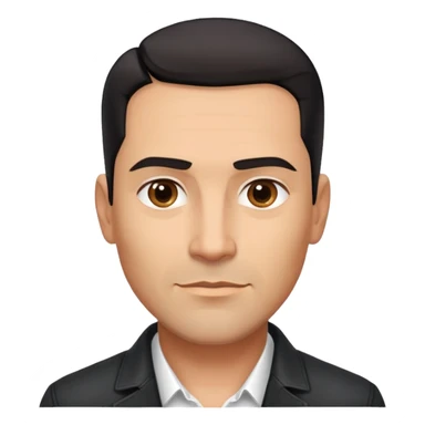 Attractive Hispanic TV host in his mid to late 40s with light brown skin, short straight black hair slicked back with fade on sides, square handsome face with strong jawline, friendly approachable expression, wearing open black jacket revealing white buttoned shirt underneath sticker
