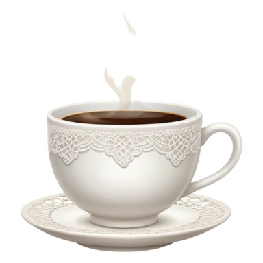 A cup of hot coffee with light steam, in a delicate porcelain cup with lace doily underneath sticker