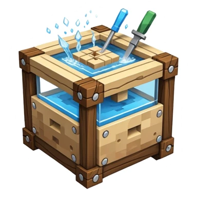 crafting table with tools, stone, wood, glass, sand, steam, water... like a minecraft style cube crafting table 100% like a minecraft cube sticker