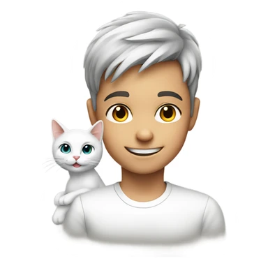 smiling boy in white shirt with cat sticker