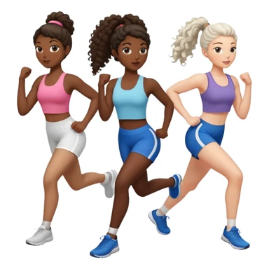 three women friends exercising together, one black woman with curly brown hair, one pale white woman with curly brown hair, and one white woman with straight brown hair in a ponytail positioned on the right sticker