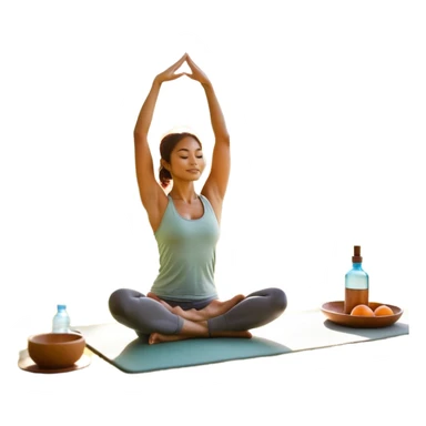A person moves through a gentle yoga pose in the morning sun, one hand reaching up, the other near a plate of vibrant whole foods and a bottle of water. A cozy bed sits behind them, glowing softly. Nearby, a small group of friends laughs together under a tree—health, movement, nourishment, rest,  sticker