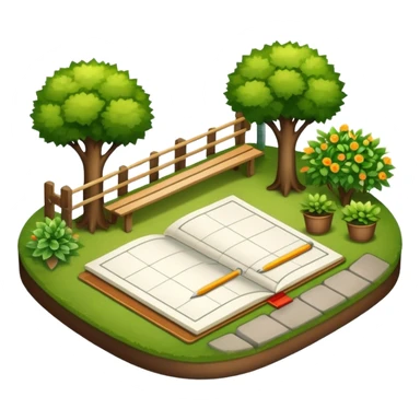Icon for Landscape Design: a garden layout with trees, plants, pathways, and outdoor furniture, along with design tools like a ruler and sketchpad. The icon should represent the creativity and planning behind landscape design. Transparent background. sticker