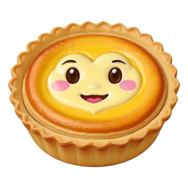 Hong Kong egg tart with flaky crust and yellow custard filling, heart eyes sticker