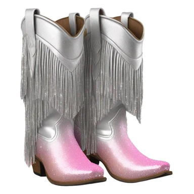 Realistic silver and pastel pink ombre pair of fashion cowgirl boots with sparkly shiny glitter fringe on them. sticker
