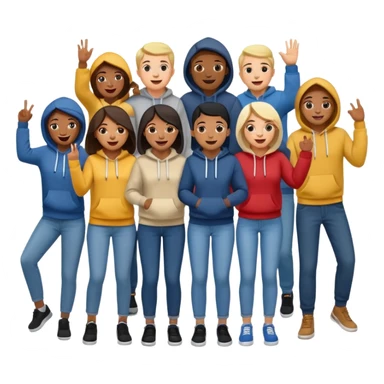 winners’ podium with multi-racial people, middle step higher, fun, casual clothes like jeans and hoodies, excited, fun, expressive emoji style sticker