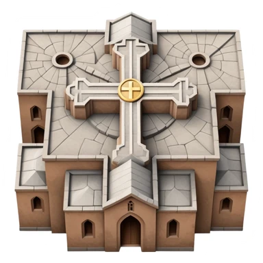 top-down emoji of the Church of Saint George, Lalibela, Ethiopia, iOS style, show cross-shaped roof, stone color, clean simple emoji features sticker
