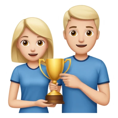 Create an emoji that reflects man & woman that is happy, and that asks a lot of questions and have trophy all around him & her sticker