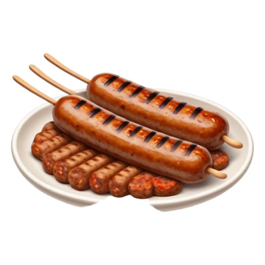 Cinematic Realistic Cevapi Dish Emoji, depicted as small, grilled minced meat sausages with a charred exterior rendered with lifelike textures and warm, savory lighting. sticker