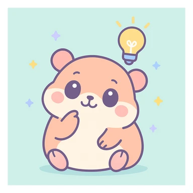 chubby hamster sitting, paw on chin, with a glowing idea bulb, kawaii illustration sticker
