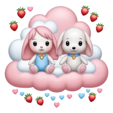  Couple DP in AI emoji style with Cinnamoroll and Snoopy. Both wear strawberry-themed accessories, sitting together on a pastel pink cloud with hearts, sparkles, and strawberries around. Cute, soft, and romantic vibe. sticker