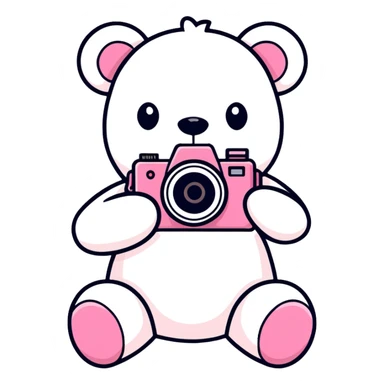White Teddy bear with a pink camera sticker