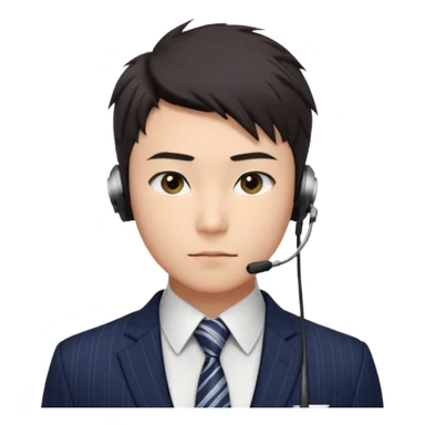 gay young Asian man with light skin, short dark hair styled upward with a sharp spiked swoop in front, slightly narrowed almond-shaped eyes with a confident, knowing squint, very squinty a clean-shaven face, and a sleek single-ear headset, wearing a dark pinstripe suit with a patterned shirt tie sticker