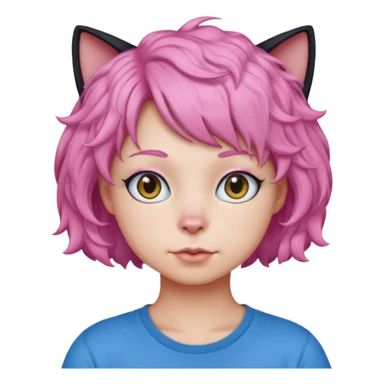 a Black cat wearing a short curly pink hair wig, blue T-shirt sticker