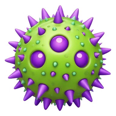 A cute but grumpy 3D render icon of a virus. A spherical shape covered in rounded mushroom-like spikes. Glossy plastic material, cartoonish style. Color palette: bright slime green and purple spikes. Soft studio lighting. Isolated on a solid light background. Minimalist design. sticker