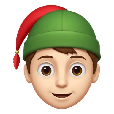 A cute 3D emoji head of a mischievous cartoon boy, fair skin, big expressive eyes, thick eyebrows, smiling with a slightly open mouth, brown hair, wearing a green pointed cap with a red feather, smooth sticker