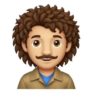 Make a cute boy lion with curly dark brown hair with a disconnected goatee and medium skin with a thin mustache sticker