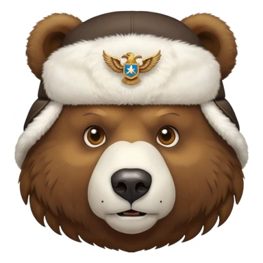 Brown bear head face wearing white fluffy ushanka with detailed Russian double-headed eagle emblem centered on front, iOS emoji style sticker