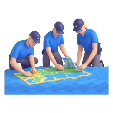 Team of marine geologists examining 3D maps of underwater terrain created from sonar data sticker