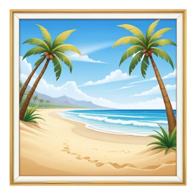 Cinematic Realistic Beach Emoji in a wooden frame, Sunny and bright, with soft golden sand stretching as far as the eye can see, gently lapping waves crashing onto the shore, and a clear, blue sky above. Palm trees sway in the warm breeze, crystal clear water of the waves on the landscape. Soft glowing outline, capturing the essence of a relaxed, joyful beach day filled with sun, sand, and surf! sticker