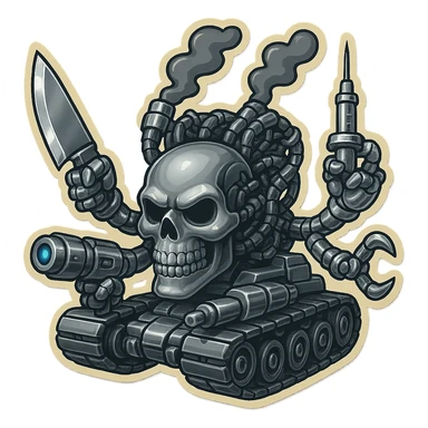 Create a skull robot tank with 4 distinct arms, each hand holding a different weapon: a large industrial blade, a blaster, a menacing syringe, and a claw. The exterior metal is extra shiny silver grey, with inside cables and tech almost black. Smoke from the top is dark shaded. The skull face is dropped down even lower and forward, matching the attached reference. Use retro stickers style with clean outline, compact proportions, and transparent background. sticker