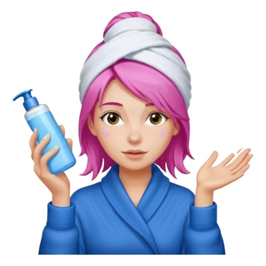 A girl grabbing a pink hair serum with a white shower towel in her hair with skincare on her face dressed in a blue sweater sticker