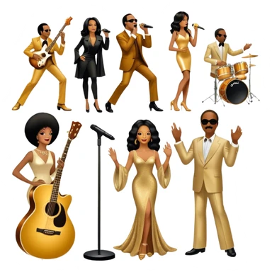 Icon for R&B Music: collage of legendary R&B artists—Diana Ross, Stevie Wonder, Marvin Gaye, Janet Jackson, Billy Ocean, and Whitney Houston. Represented by silhouettes or symbolic items like a microphone, guitar, or music notes. Transparent background. sticker