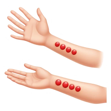 Allergy skin prick test on forearm with small red bumps showing reactions to different allergens, with 5 fingers of the hand visible sticker