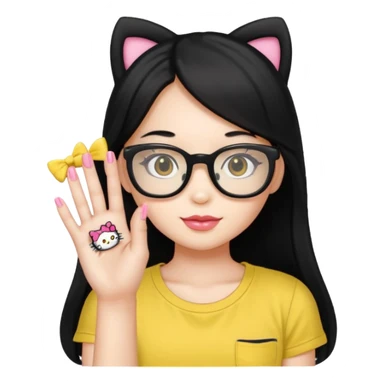 Nails cute with hello kitty wear glasses black long  hair wear, yellow shirt sticker