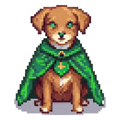 A pixel art style emoji of a super dog with a green cape. sticker