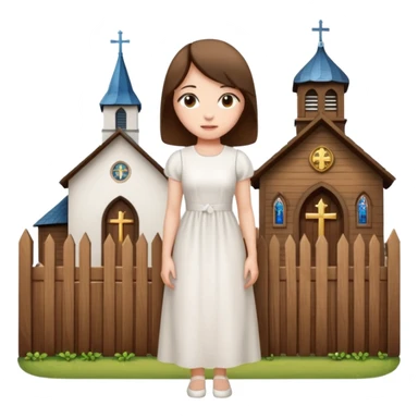 woman next to a church, surrounded by a fence sticker