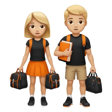 light skin students girl and boy with school bag full of books on hand and dumbell in other hand. Clothes are in black and orange colours. They are going to the gym. They have brown and blonde hair sticker