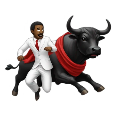 black bull chasing man in white suit with a red scarf sticker