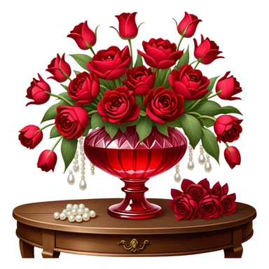 "A romantic still life of a crystal-clear red glass vase brimming with a lavish mix of scarlet roses, tulips, peonies, and silk-like pansies, with pearl-hued ribbons cascading gracefully over a vintage wooden table."
 sticker
