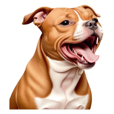 Cinematic Cute Yawning Red/Fawn Staffordshire Bull Terrier Portrait Emoji, Head tilted slightly with a dramatic, wide-open yawn, showcasing a smooth red/fawn Fur with crisp white accents, floppy ears slightly drooping, round dark eyes barely open in drowsy contentment, Simplified yet irresistibly adorable features, highly detailed, glowing with a soft, cozy glow, high shine, relaxed yet expressive, stylized with a touch of whimsy, bright and endearing, soft glowing outline, capturing the essence of a sleepy yet affectionate guardian, so drowsy it feels like it could stretch right out of the screen and curl up for a nap! sticker