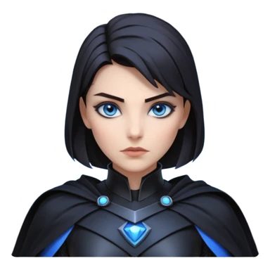 dark sci-fi villain female portrait, head and shoulders only, black armor, cape collar, intense eyes, sharp confident expression, subtle futuristic makeup, dramatic lighting, 3D cartoon, mobile game icon style, clean background, no text, no watermark
 sticker