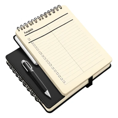 A classic black Moleskine notebook open to show an agenda page with meeting items and bullet points sticker
