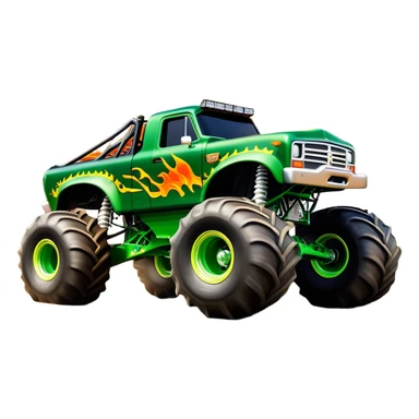 Grave Digger - Monster Jam (Model Year: 2022) (Iconic colour: Green with flames) - A legendary monster truck with a fearsome design: predominantly deep green with dynamic, vibrant flame graphics in bright orange and yellow. Highlight its rough, edgy bodywork and an aura of untamed rebellion. sticker