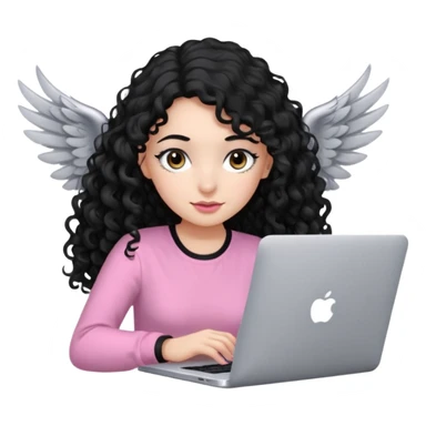 a girl typing mac book with long black curly hair and brown eyes with winged black eyeliner, pink shirt sticker