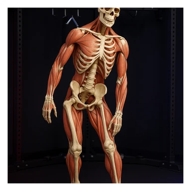 Hyperrealistic anatomical view of the same pose: tilted pelvis, valgus knee, pronated foot, with detailed visible bones and muscles, gym environment, 4K quality. Variant 2: more marked valgus knee. sticker