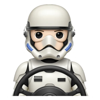 ["Stormtrooper helmet driver, white armor, hands on steering wheel."] sticker