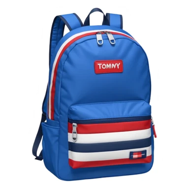 simple blue backpack, at the bottom pocket there is a  logo featuring a Tommy Jeans-inspired logo. The logo looks like a vertical one red, one white. The flag are vertical, not horizontal. Flat

 sticker