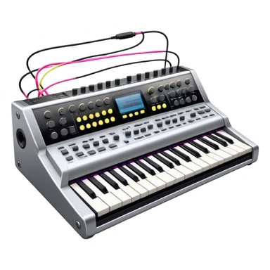 Create a professional and detailed emoji that represents sound design. The design should feature a high-end studio synthesizer, specifically a Korg synthesizer, with a mixing console and control panel, all connected with audio cables. Surround the equipment with flowing sound waves or musical notes to symbolize the creation and manipulation of sound. Use colors like metallic silver, black, and neon accents to emphasize the technical, creative nature of sound design. The background should be transparent. sticker