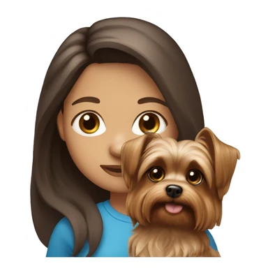 Girl with long brown hair, light skin and blue eyes holding a yorkie dog  sticker