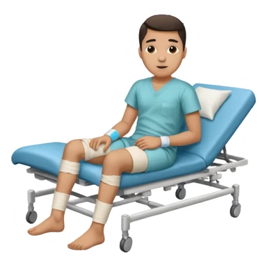 Hispanic young man with a broken leg, showing bandages, in a hospital sticker